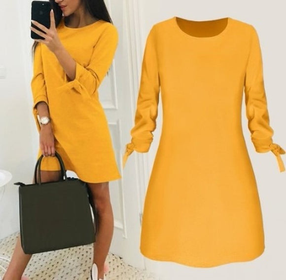 Women Fashion O-neck Solid Bow Elegant Straight Dress Spring Loose Mini Dresses 3/4 Sleeve Bow comfortable Plus Size - everythingyouuneedd