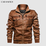 CARANFIER Mens Leather Jackets Motorcycle Stand Collar Zipper Pockets Male US Size PU Coats Biker Faux Leather Fashion Outerwear - everythingyouuneedd