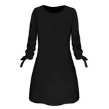 Women Fashion O-neck Solid Bow Elegant Straight Dress Spring Loose Mini Dresses 3/4 Sleeve Bow comfortable Plus Size - everythingyouuneedd