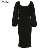 Nibber sexy pure V Neck off shoulder bodycon dress women autumn winter club party night red Elegant midi dress Mujer black dress - everythingyouuneedd