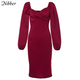 Nibber sexy pure V Neck off shoulder bodycon dress women autumn winter club party night red Elegant midi dress Mujer black dress - everythingyouuneedd