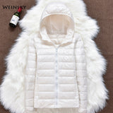 Inverno mulheres ultraleve fino para baixo jaqueta de pato branco para baixo casacos com capuz manga longa casaco quente parka feminino portátil outwear - everythingyouuneedd