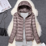 Inverno mulheres ultraleve fino para baixo jaqueta de pato branco para baixo casacos com capuz manga longa casaco quente parka feminino portátil outwear - everythingyouuneedd